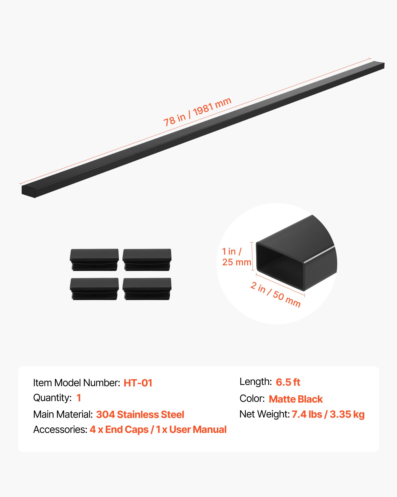 VEVOR Corrimano per Ringhiera del Balcone, Ringhiera per Scale Rettangolare in Acciaio Inossidabile da 198 cm, con Terminali, Rivestimento Nero Opaco, per Corridoi, Scale Interne ed Esterne, Terrazze