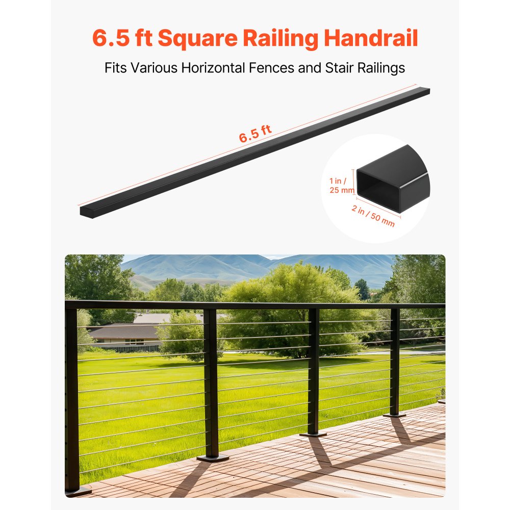 VEVOR Corrimano per Ringhiera da Balcone, Ringhiera 4 pz per Scale Rettangolare in Acciaio Inox da 198 cm, con Terminali, Rivestimento Nero Opaco, per Corridoi, Scale Interne ed Esterne, Terrazze