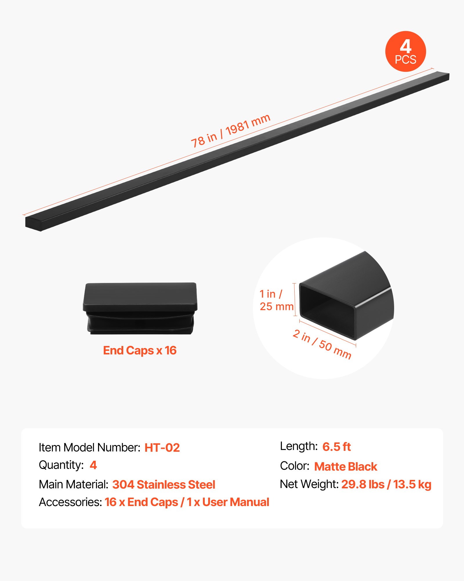 VEVOR Corrimano per Ringhiera da Balcone, Ringhiera 4 pz per Scale Rettangolare in Acciaio Inox da 198 cm, con Terminali, Rivestimento Nero Opaco, per Corridoi, Scale Interne ed Esterne, Terrazze