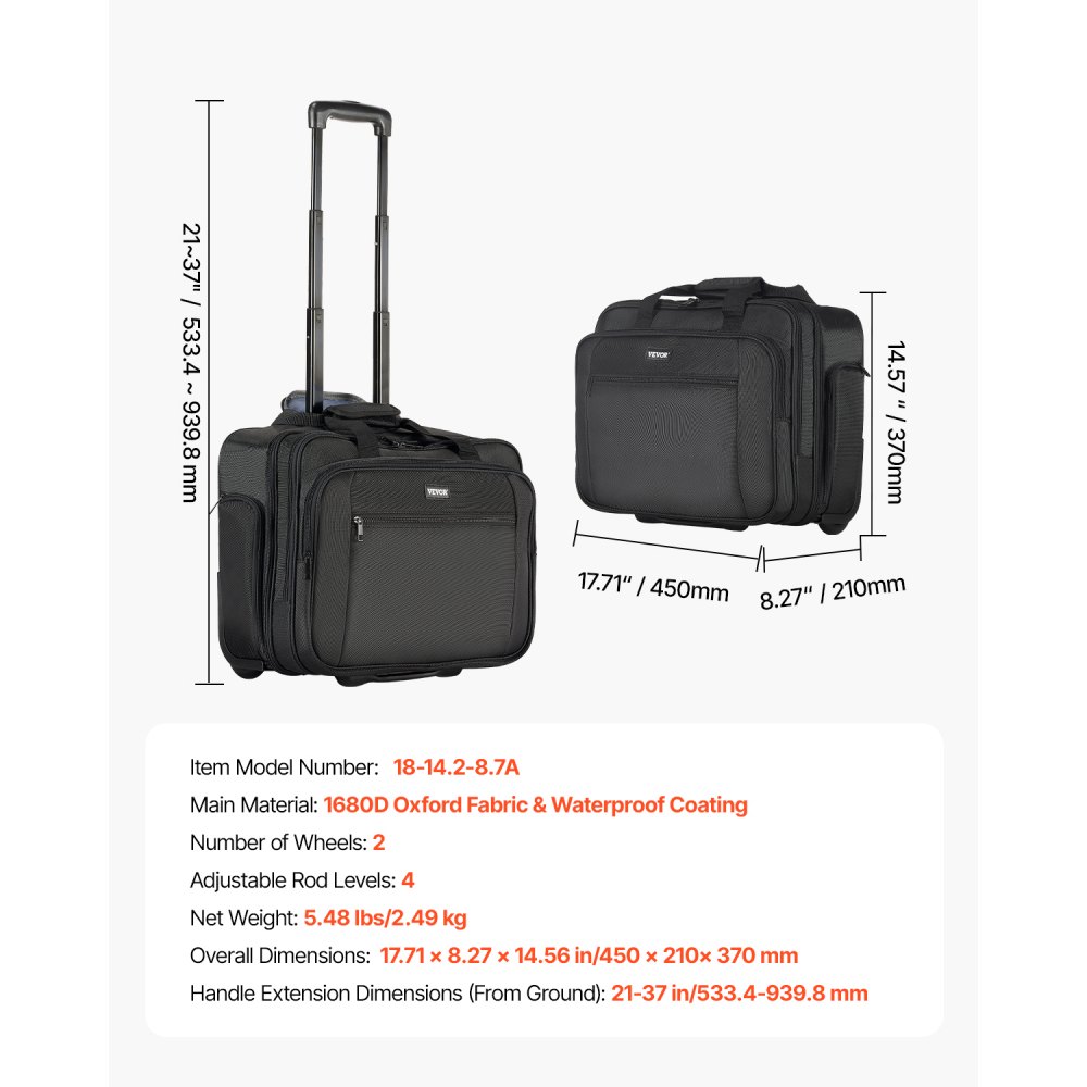 VEVOR Borsa per Laptop con Rotelle da 17,3 inch (43,9 cm) Maniglia Sagga per Computer Nero