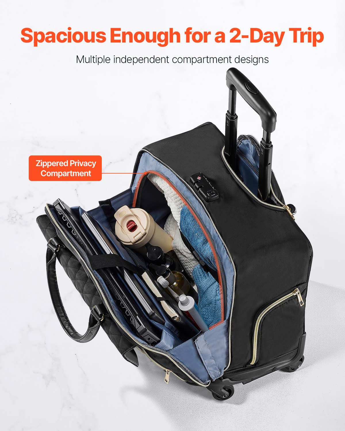 VEVOR Borsa per laptop con rotelle da 17,3 pollici / 43,9 cm Borsa per computer con ruote per donne e uomini Nero Oro