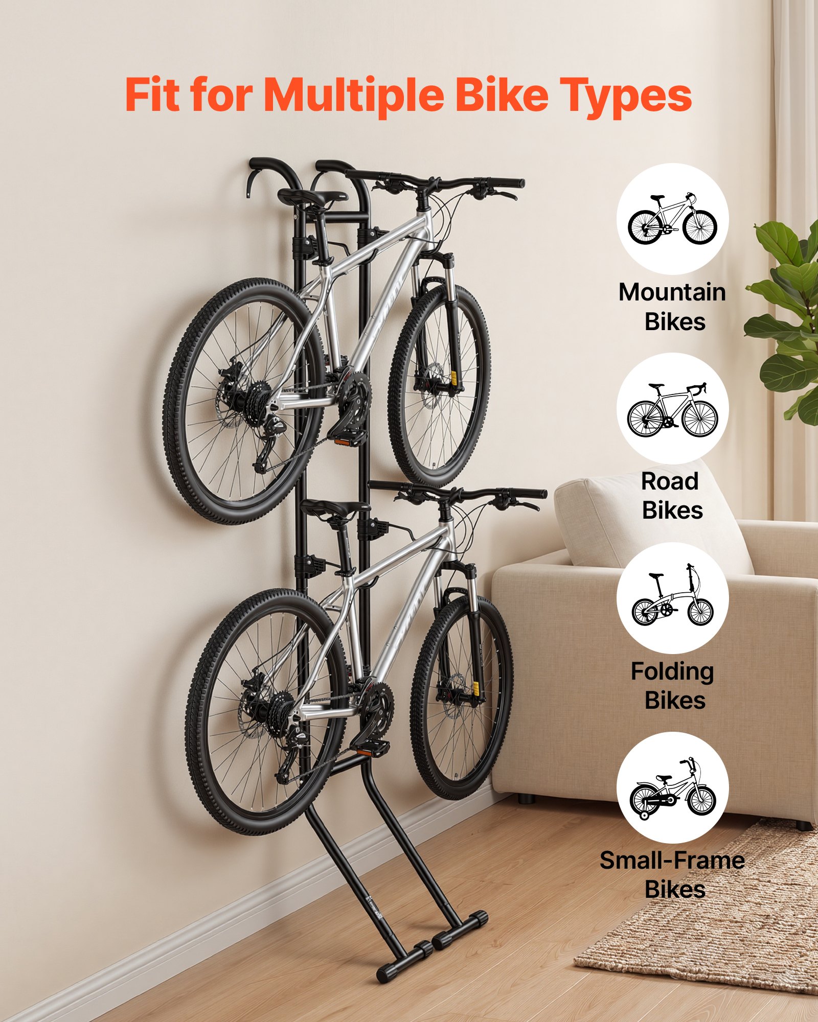 VEVOR Supporto per Bicicletta per 2 Bici Rastrelliera Verticale Autoportante, Portabiciclette da Pavimento con Ganci Regolabili in Altezza, in Acciaio al Carbonio Robusto, per Garage e Casa, Nero