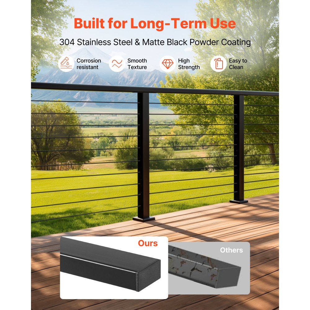VEVOR Kit Ringhiera con Cavi da 198 cm, Ringhiera per Balcone in Acciaio Inox Nero Opaco, Kit di Corrimano per Scale con Montanti Altezza 89 cm, Spaziatura Cavi di 8 cm, per Cortile Terrazza