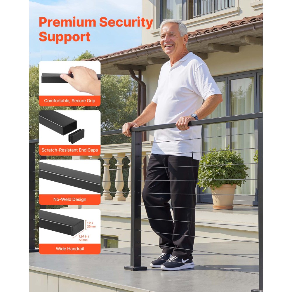 VEVOR Kit Ringhiera con Cavi da 198 cm, Ringhiera per Balcone in Acciaio Inox Nero Opaco, Kit di Corrimano per Scale con Montanti Altezza 89 cm, Spaziatura Cavi di 8 cm, per Cortile Terrazza