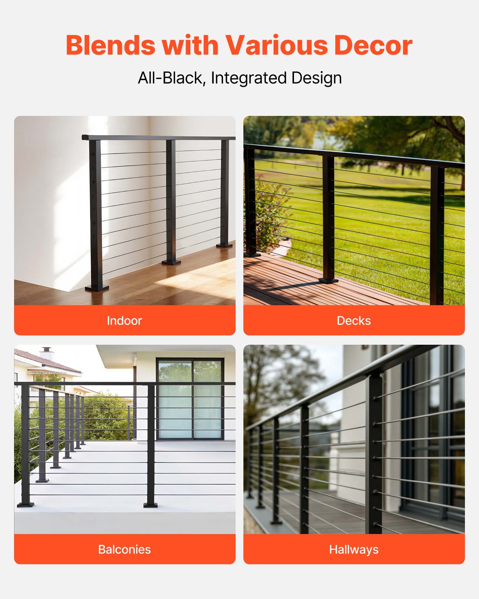 VEVOR Kit Ringhiera con Cavi da 198 cm, Ringhiera per Balcone in Acciaio Inox Nero Opaco, Kit di Corrimano per Scale con Montanti Altezza 89 cm, Spaziatura Cavi di 8 cm, per Cortile Terrazza