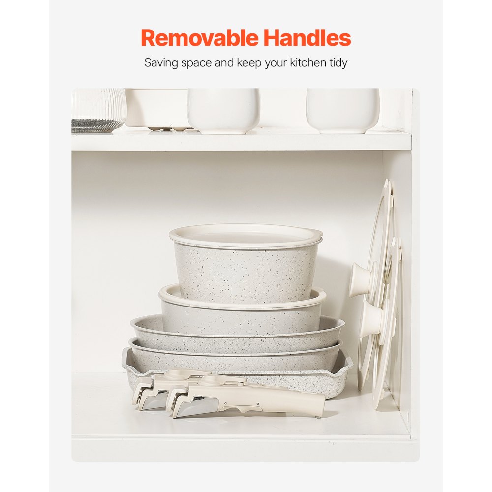 VEVOR Pentole e Padelle Antiaderenti, con Manico Staccabile, Set di Pentole a Induzione da Cucina per Camper, con Frittura, Coperchi in Vetro Temperato, Adatti Forno, Bianco 17 Pezzi