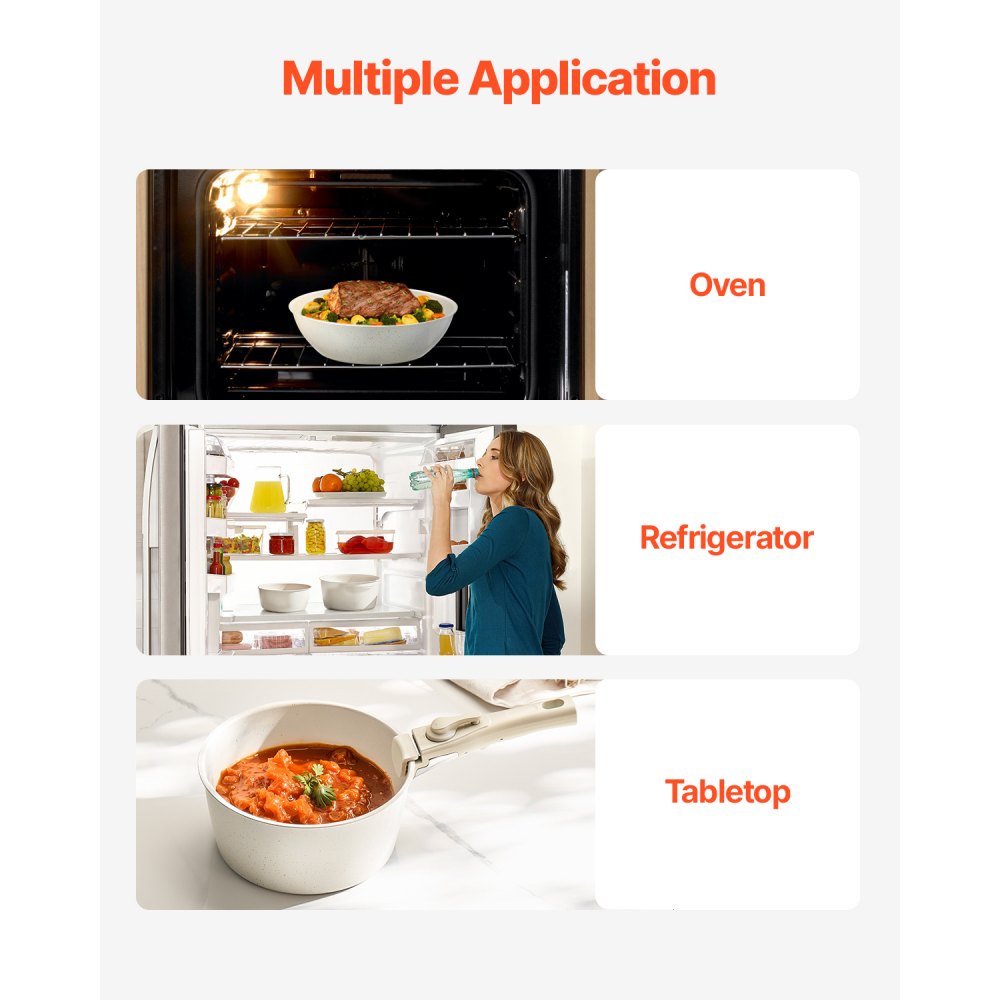 VEVOR Pentole e Padelle Antiaderenti, con Manico Staccabile, Set di Pentole a Induzione da Cucina per Camper, con Frittura, Coperchi in Vetro Temperato, Adatti Forno, Bianco 17 Pezzi