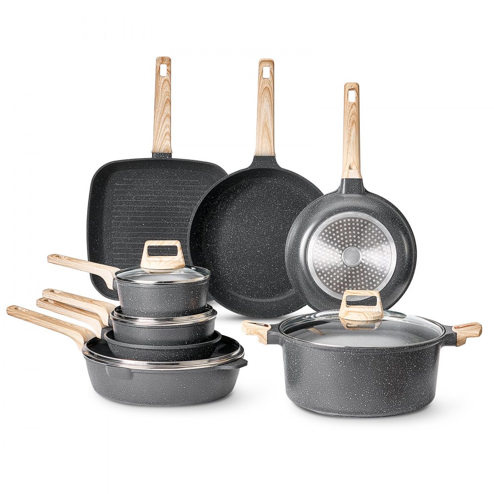 VEVOR Set di Pentole, Padelle Antiaderenti in Granito con Manico, Set di Pentole a Induzione da Cucina per Camper, con Frittura, Coperchi in Vetro Temperato, Nero 19 Pezzi