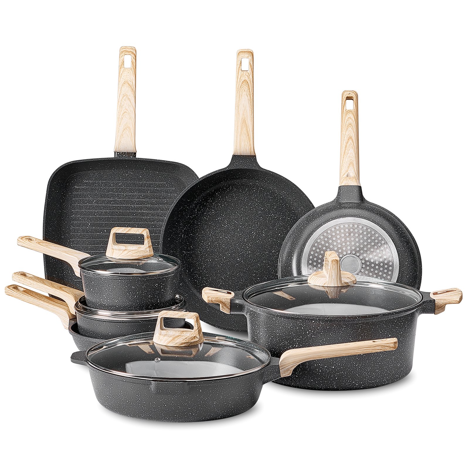 VEVOR Set di Pentole, Padelle Antiaderenti in Granito con Manico, Set di Pentole a Induzione da Cucina per Camper, con Frittura, Coperchi in Vetro Temperato, Nero 19 Pezzi