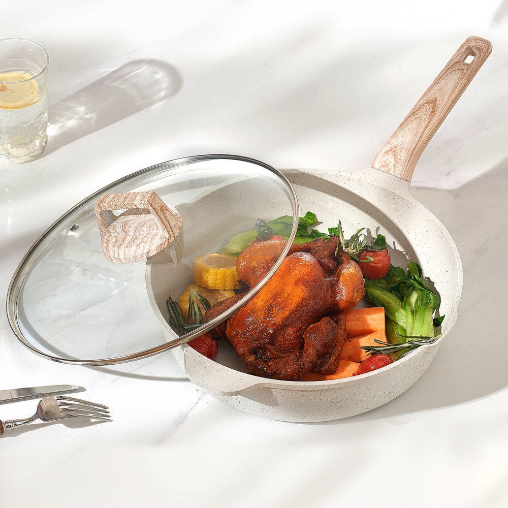 VEVOR Set di Pentole, Padelle Antiaderenti in Granito con Manico, Set di Pentole a Induzione da Cucina per Camper, con Frittura, Coperchi in Vetro Temperato, Bianco 19 Pezzi