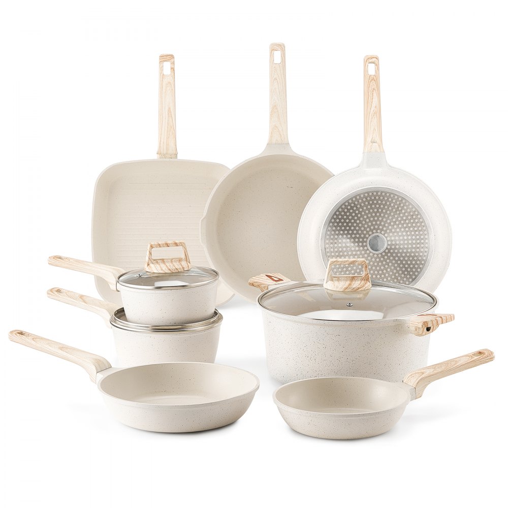 VEVOR Set di Pentole, Padelle Antiaderenti in Granito con Manico, Set di Pentole a Induzione da Cucina per Camper, con Frittura, Coperchi in Vetro Temperato, Bianco 19 Pezzi