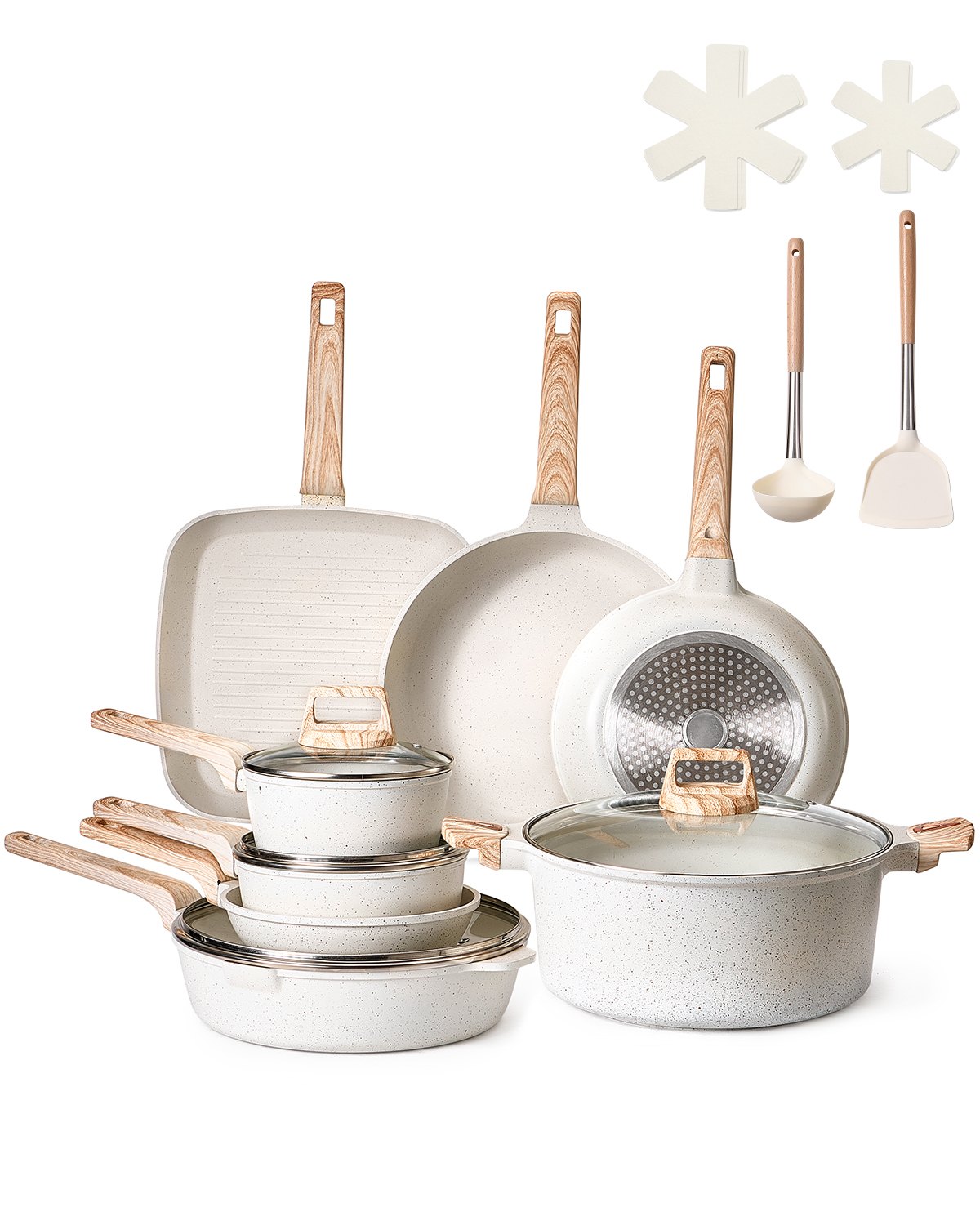 VEVOR Set di Pentole, Padelle Antiaderenti in Granito con Manico, Set di Pentole a Induzione da Cucina per Camper, con Frittura, Coperchi in Vetro Temperato, Bianco 19 Pezzi