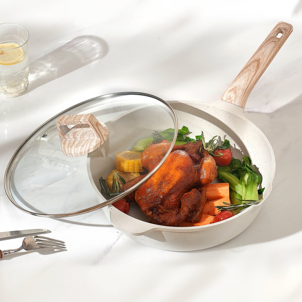 VEVOR Set di Pentole, Padelle Antiaderenti in Granito con Manico, Set di Pentole a Induzione da Cucina per Camper, con Frittura, Coperchi in Vetro Temperato, Bianco, 17 Pezzi