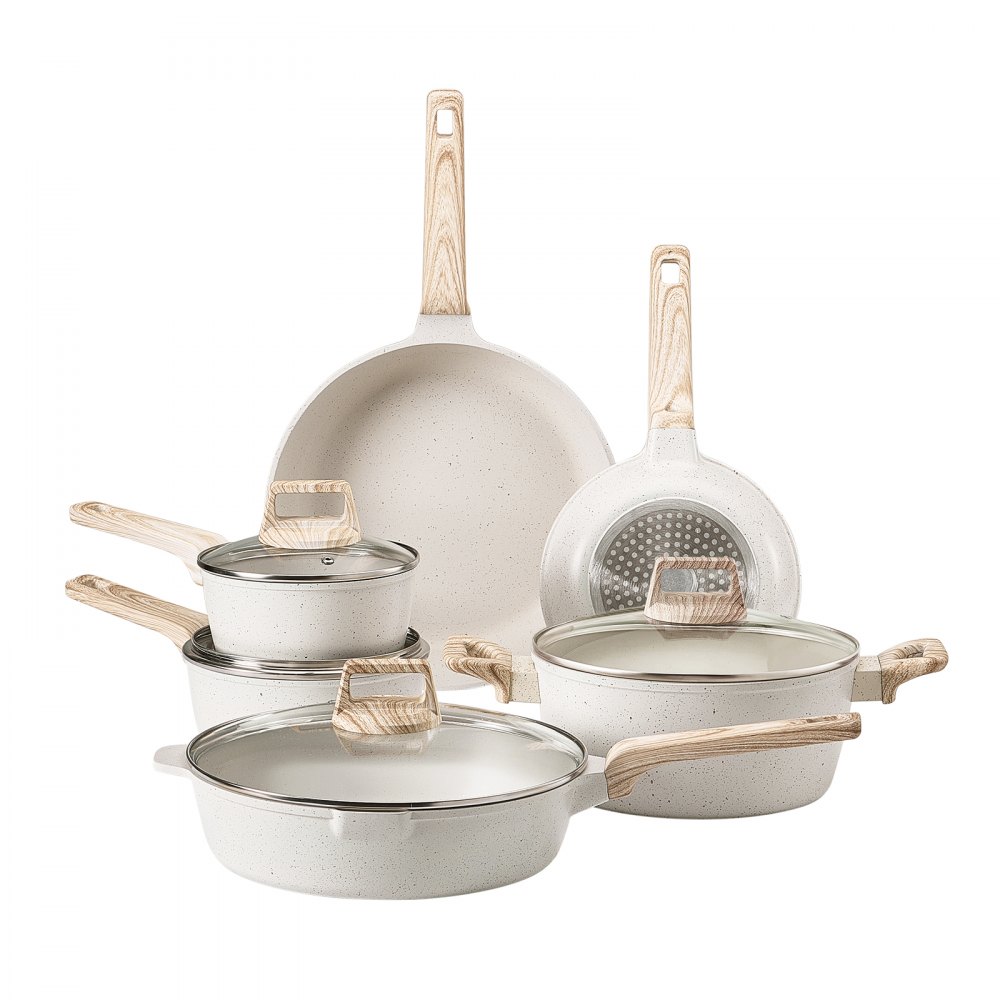 VEVOR Set di Pentole, Padelle Antiaderenti in Granito con Manico, Set di Pentole a Induzione da Cucina per Camper, con Frittura, Coperchi in Vetro Temperato, Bianco, 17 Pezzi