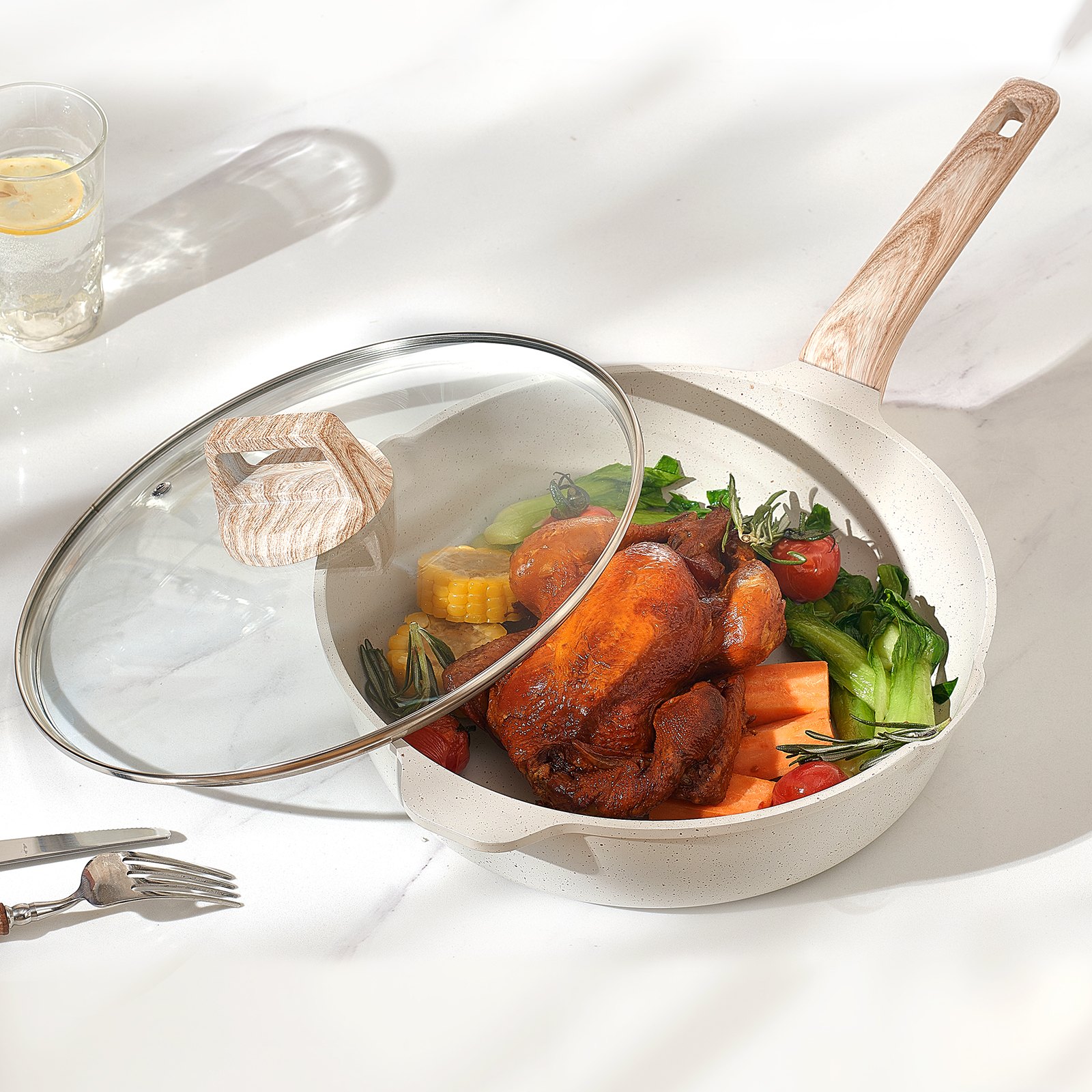 VEVOR Set di Pentole, Padelle Antiaderenti in Granito con Manico, Set di Pentole a Induzione da Cucina per Camper, con Frittura, Coperchi in Vetro Temperato, Bianco, 17 Pezzi