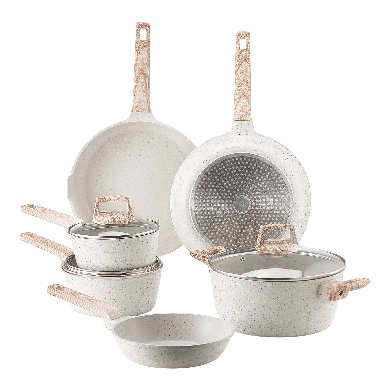 VEVOR Set di Pentole, Padelle Antiaderenti in Granito con Manico, Set di Pentole a Induzione da Cucina per Camper, con Frittura, Coperchi in Vetro Temperato, Bianco, 17 Pezzi