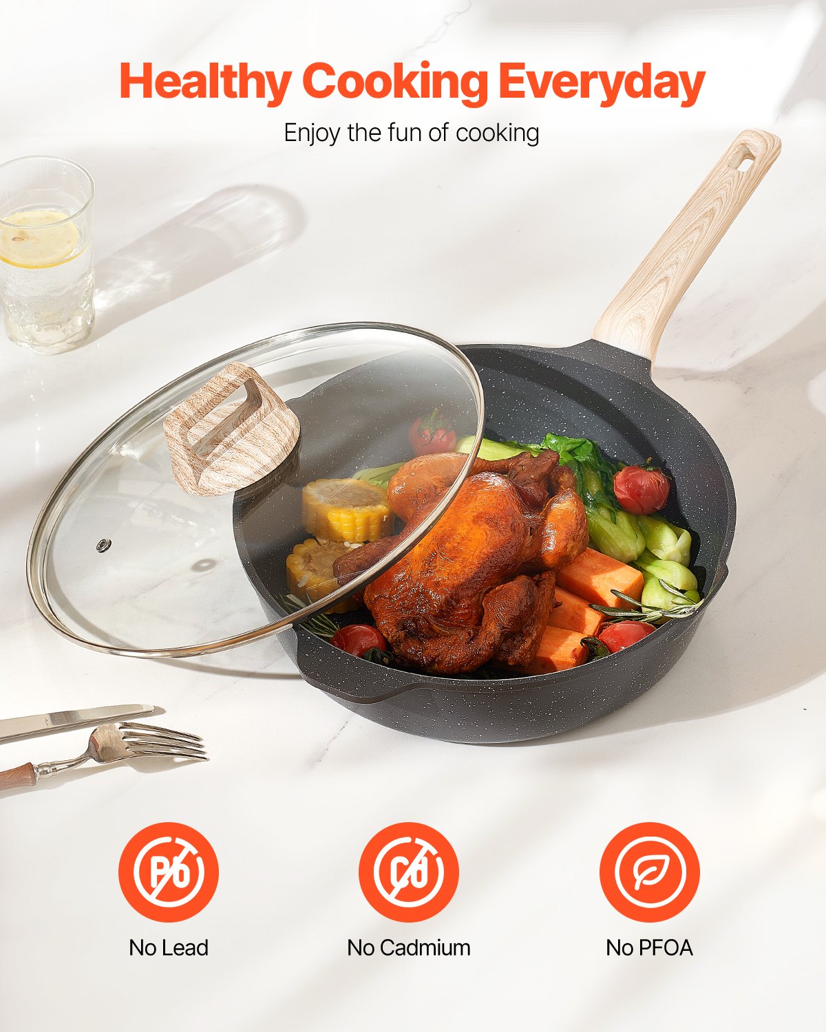 VEVOR Set di Pentole, Padelle Antiaderenti in Granito con Manico, Set di Pentole a Induzione da Cucina per Camper, con Frittura, Coperchi in Vetro Temperato, Nero 17 Pezzi