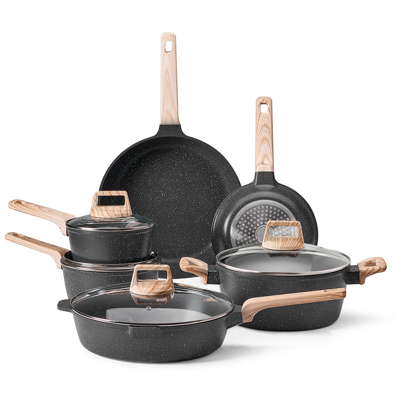 VEVOR Set di Pentole, Padelle Antiaderenti in Granito con Manico, Set di Pentole a Induzione da Cucina per Camper, con Frittura, Coperchi in Vetro Temperato, Nero 17 Pezzi