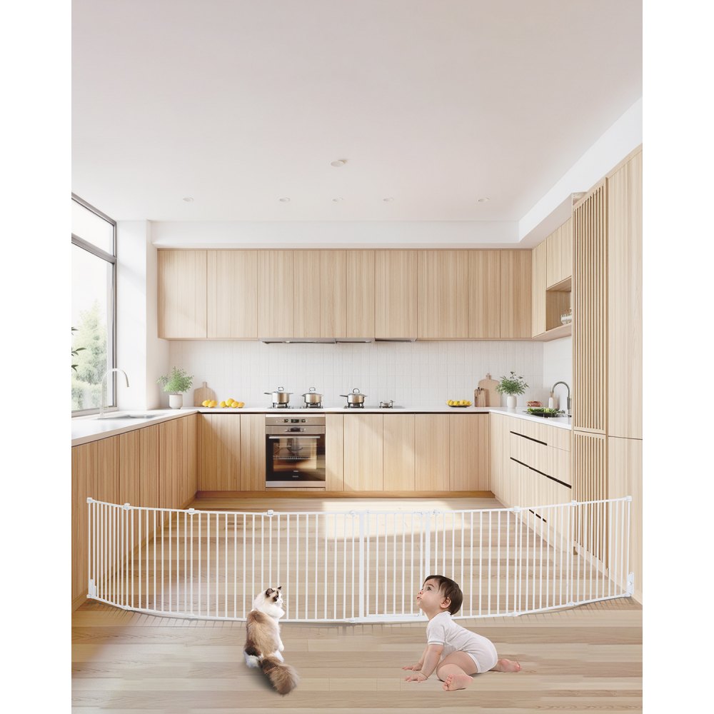 VEVOR Cancello Pieghevole a 8 Pannelli, per Bambini Animali Domestici, Cancelletto Alto 711 mm Largo 487,7 cm, Installabile Tra Due Pareti Come Recinzione, Tazze Parete per Scale Porte, Bianco