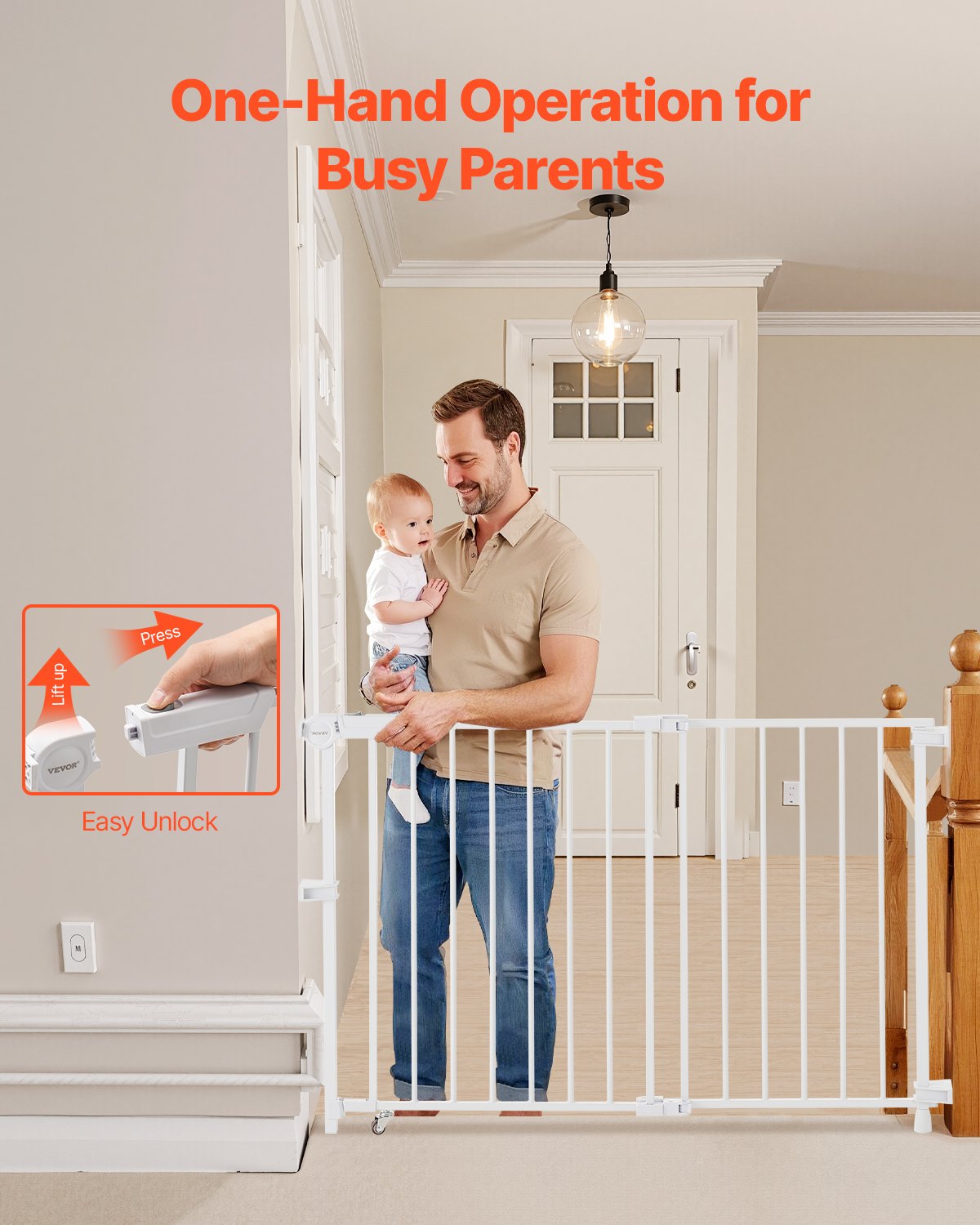 VEVOR Baby Gate, Dog Gate, Partition Gate with Adjustable Width (750-1092 mm), Stair Gate for the Safety of Children & Pets, One-Hand Opening, for Stairs and Doors, White