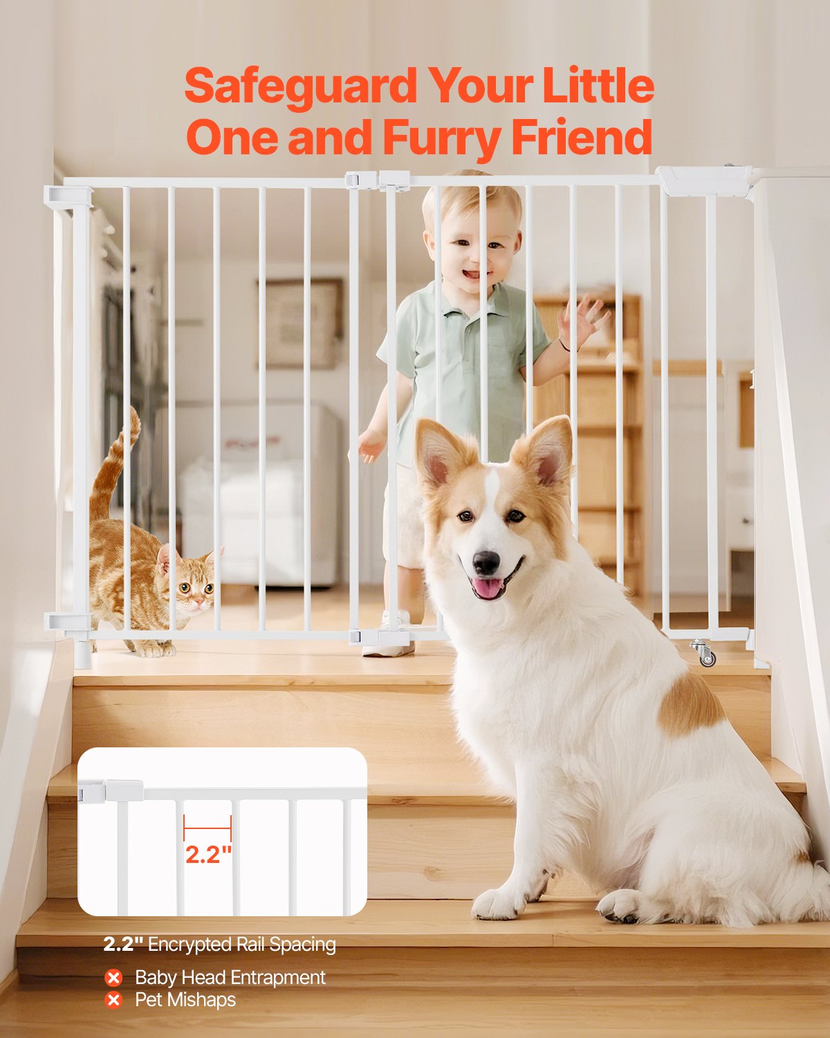 VEVOR Baby Gate, Dog Gate, Partition Gate with Adjustable Width (750-1092 mm), Stair Gate for the Safety of Children & Pets, One-Hand Opening, for Stairs and Doors, White