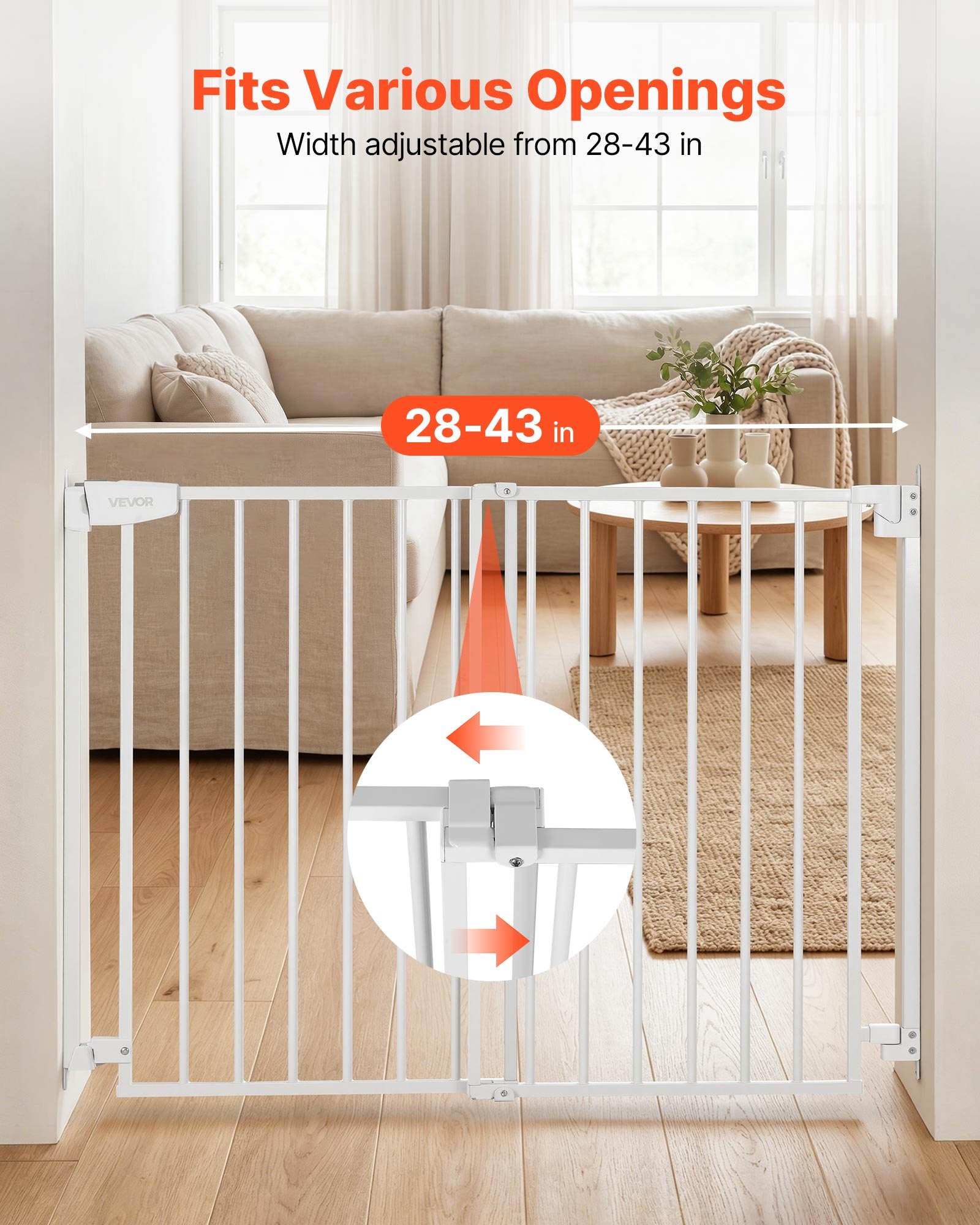 VEVOR Cancelletto di Sicurezza per Bambini, Cancellino Larghezza Regolabile da 720 a 1085 mm, Altezza 760 mm, Colore Bianco, Senza Barra Inferiore, con Kit di Montaggio, per Protezione Neonati e Cani