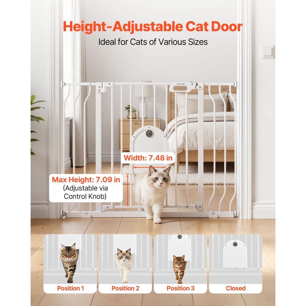 VEVOR Cancelletto di Sicurezza per Bambini, Porticina Metallica Larghezza Regolabile da 75 a 111 cm, con Sportello per Gatti Regolabile, Colore Bianco, con Kit di Montaggio, per Animali Domestici