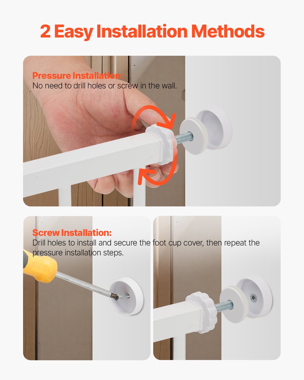 VEVOR Cancello per Bambini Animali Domestici, Cancelletto Alto 762 mm Larghezza Regolabile 154 a161 cm, Kit di Montaggio a Pressione, Tazze da Parete per Scale Porte, Apertura Una Mano Bianco