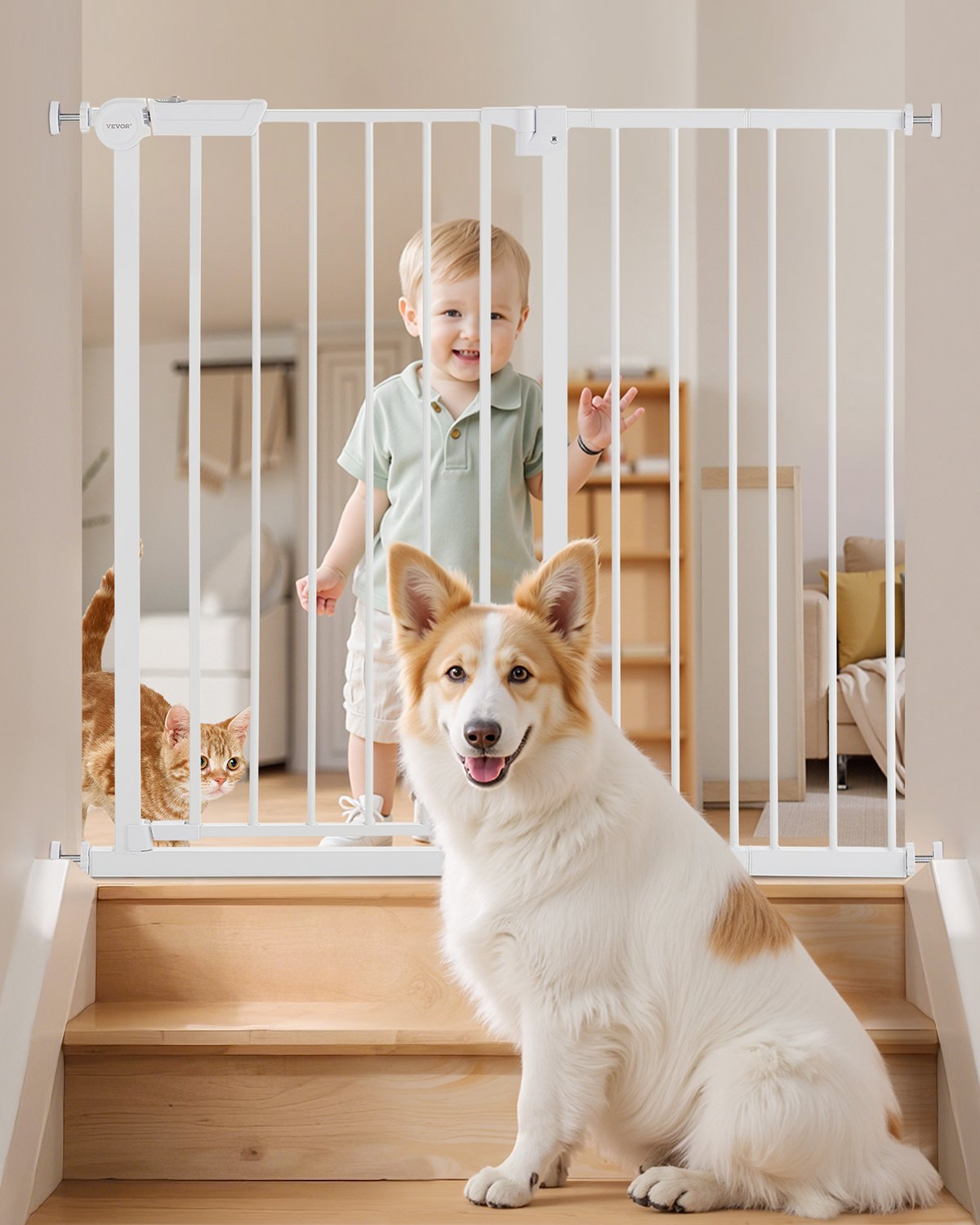 VEVOR Cancello per Bambini Animali Domestici, Cancelletto Alto 914 mm Larghezza Regolabile 65 a 101,6 cm, Kit Montaggio a Pressione, Tazze da Parete per Scale Porte, Apertura Una Mano Bianco