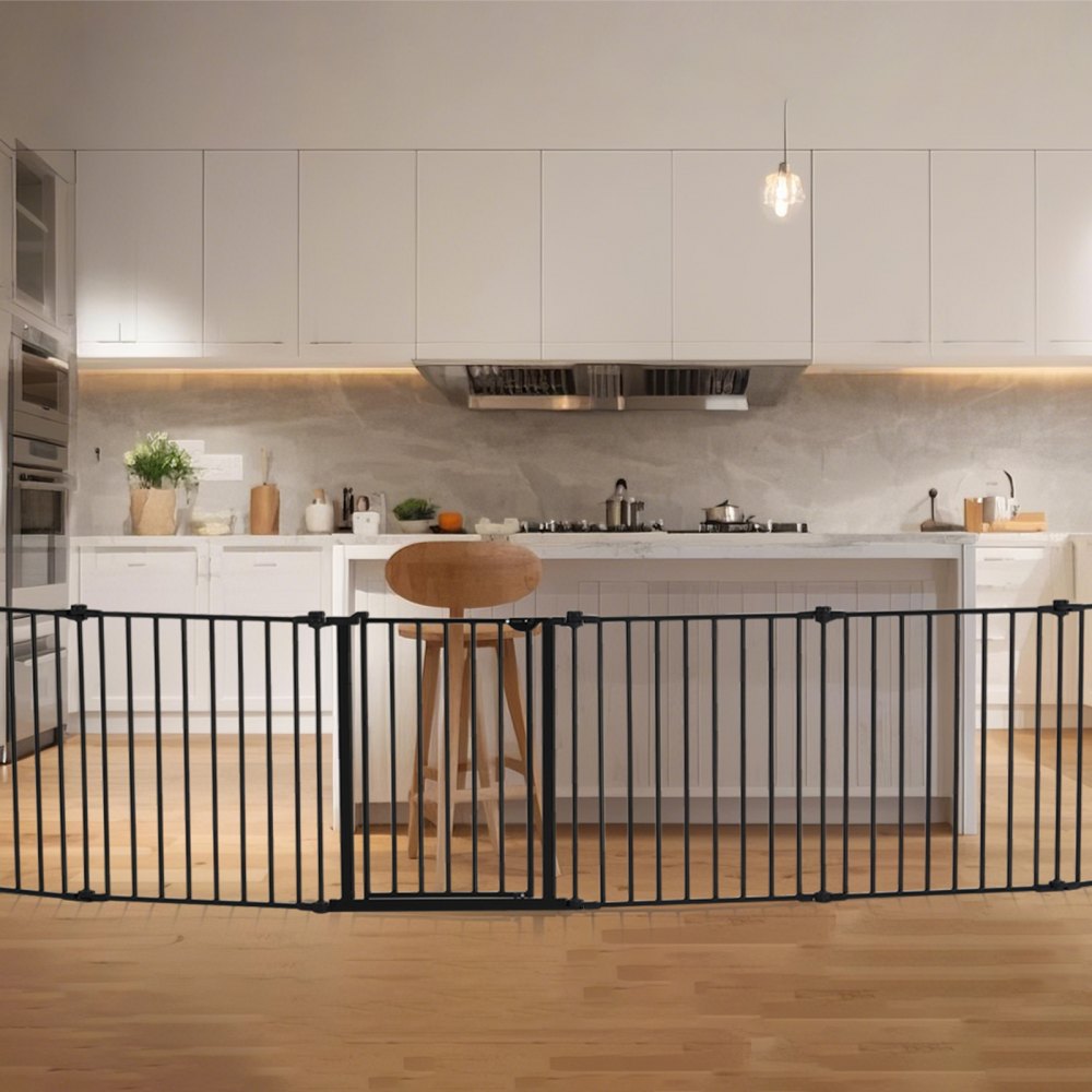 VEVOR Cancello Pieghevole a 8 Pannelli, per Bambini Animali Domestici, Cancelletto Alto 711 mm Largo 487,7 cm, Installabile Tra Due Pareti Come Recinzione, Tazze Parete per Scale Porte, Nero