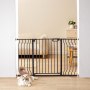 black VEVOR pet gate with vertical bars and secure latch.