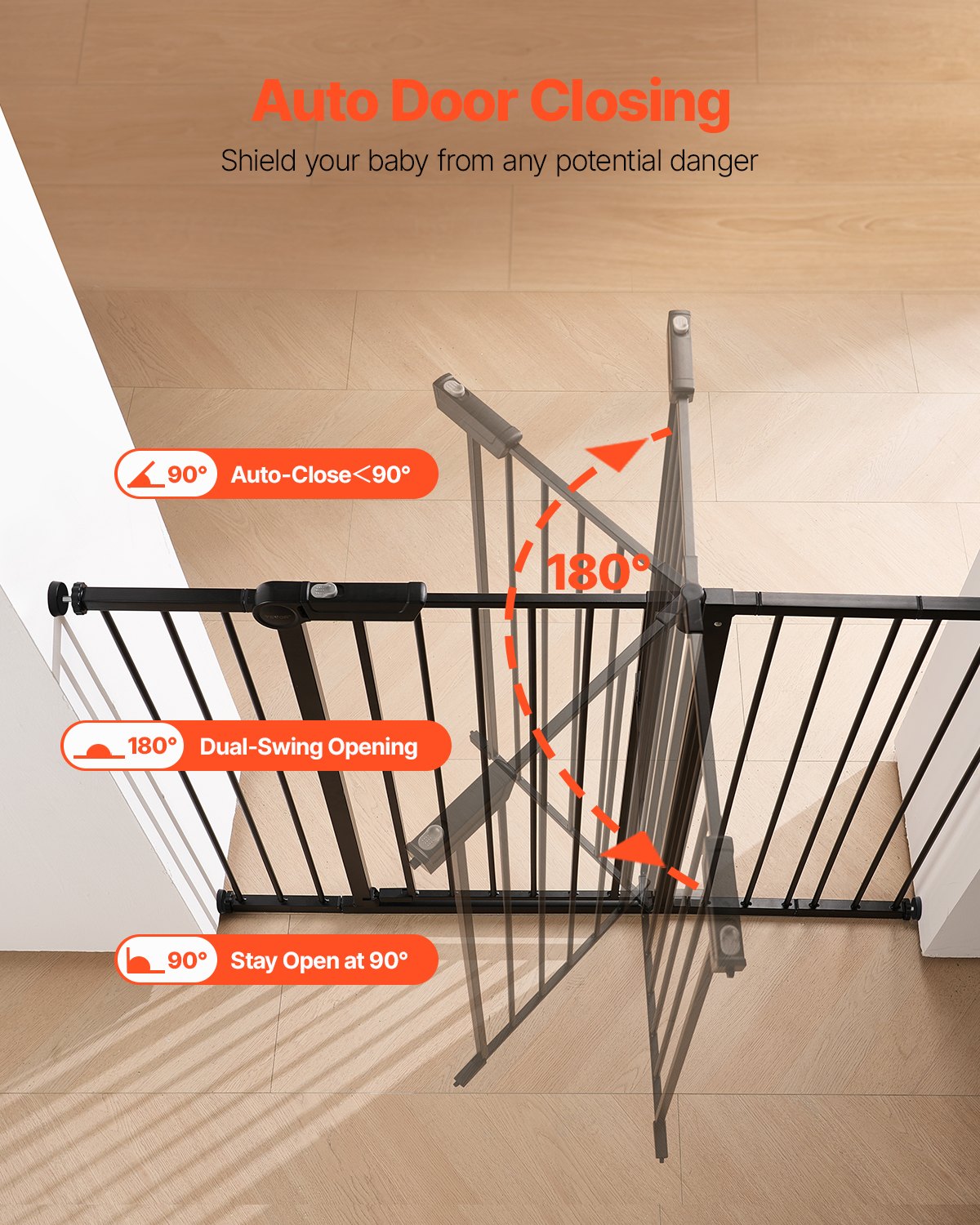 VEVOR Cancelletto per Bambini o Animali Domestici, Larghezza Regolabile da 65 a 121,9 cm, Cancelletto Alto 914 mm, Kit di Montaggio a Pressione, Tazze da Parete per Scale Porte, Nero