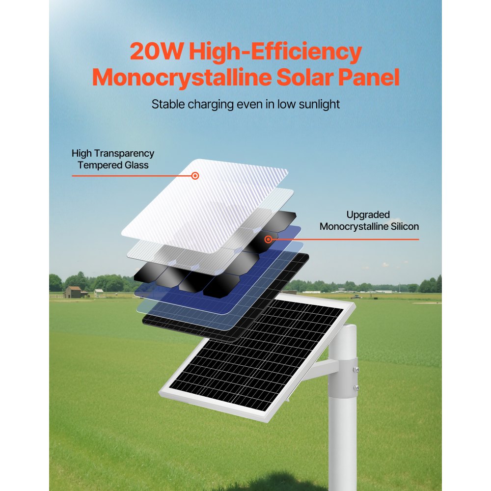 VEVOR 20W 12V Solar Panel Battery Charger, Solar Battery Trickle Charger Maintainer with Built-in Controller & Pole Mount Bracket, IP65 Waterproof for Gate, Fence, Farm, Lawn (Fit 40mm-68mm Poles) 