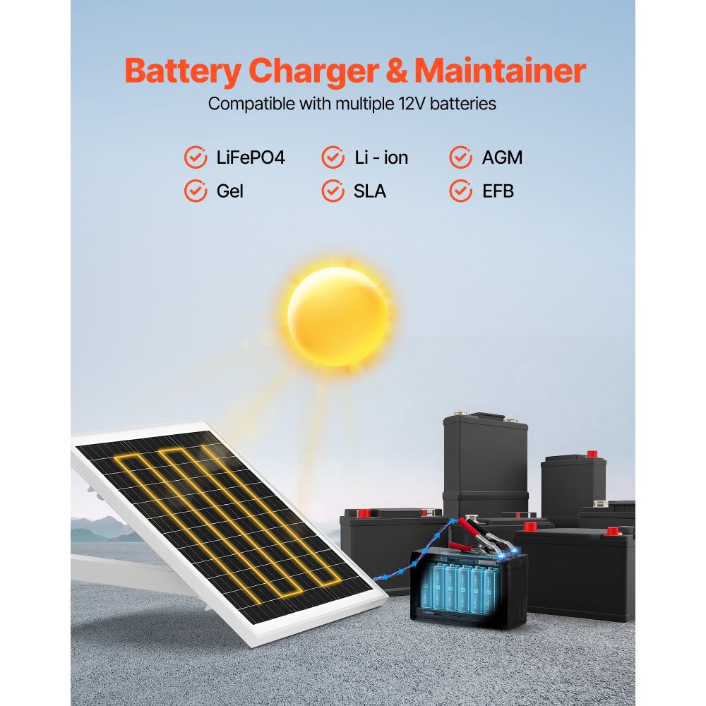VEVOR 20W 12V Solar Panel Battery Charger, Solar Battery Trickle Charger Maintainer with Built-in Controller & Pole Mount Bracket, IP65 Waterproof for Gate, Fence, Farm, Lawn (Fit 40mm-68mm Poles) 