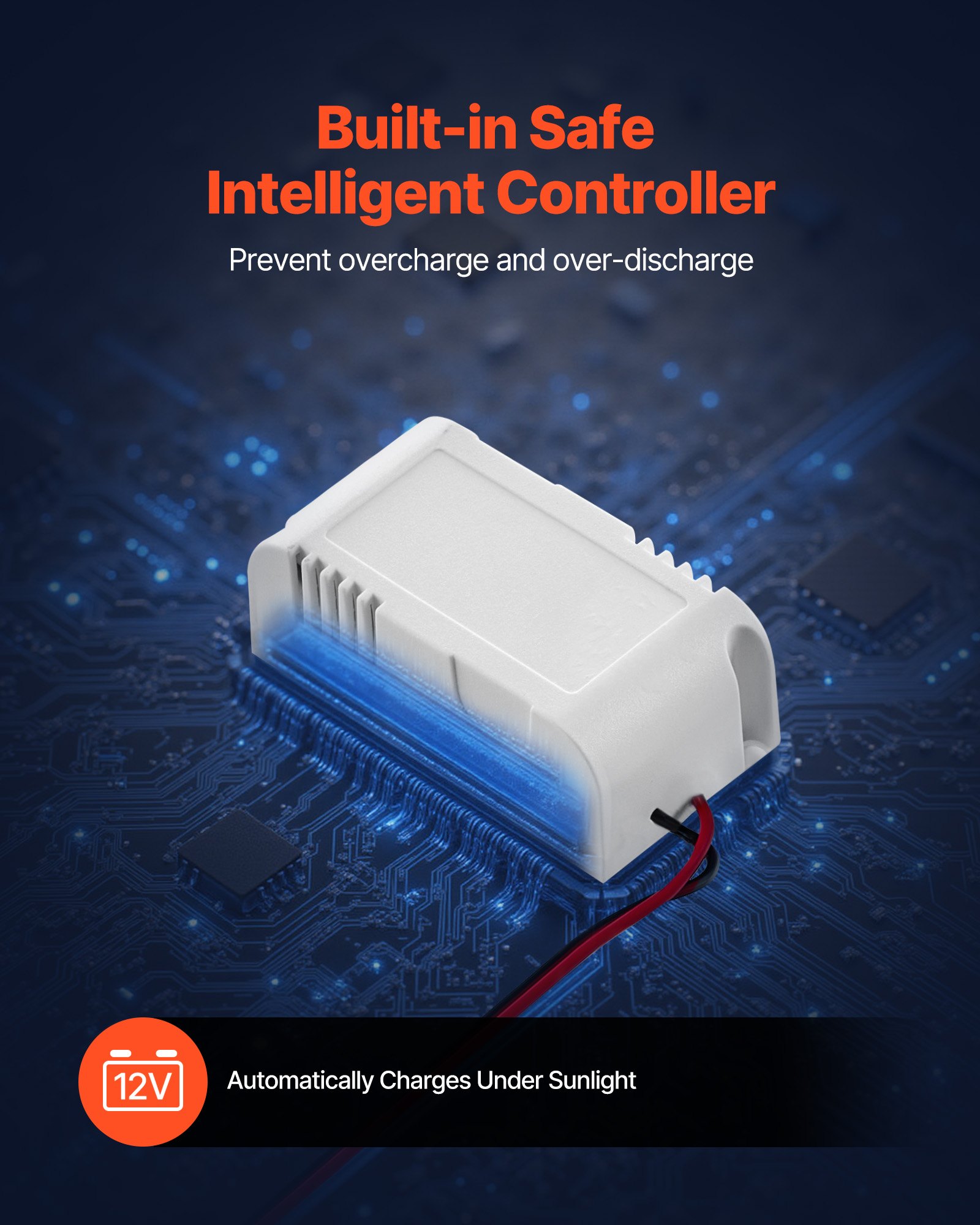 VEVOR Caricabatteria Solare Mantenitore di Carica 20W 12V per Pannelli Solari Cancelli Recinzioni per Fattoria Prato, Caricabatteria Celle Monocristalline con Staffa di Montaggio su Palo IP67