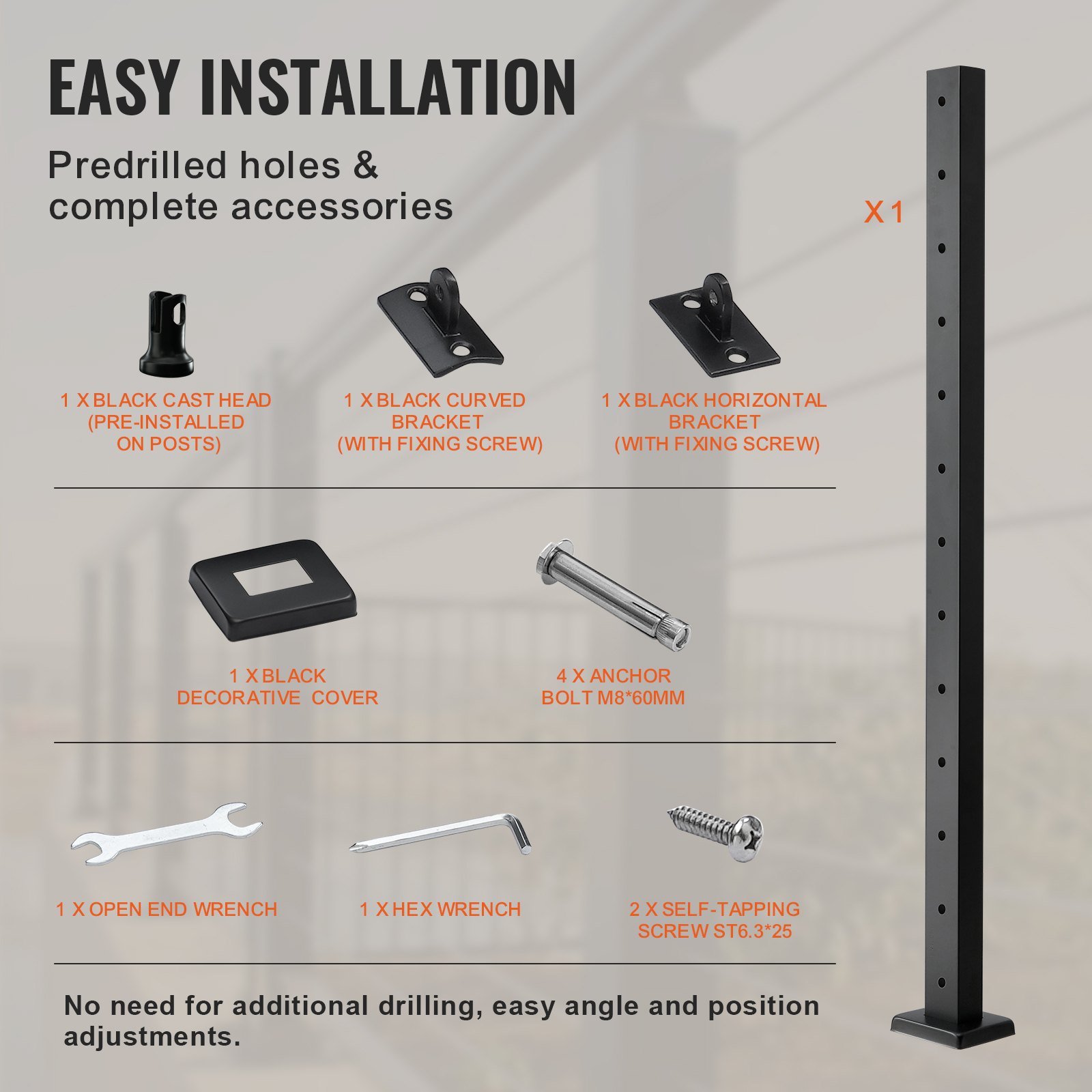 VEVOR Palo per Ringhiera per Ponte 106,7 x 2,5 x 5 cm Palo per Ringhiera per Cavi Acciaio Inox SUS304 con Foro Orizzontale, 13 Fori Preforati, Staffa Orizzontale e Curva, Nero, LGZH106.72.55CQ93V0