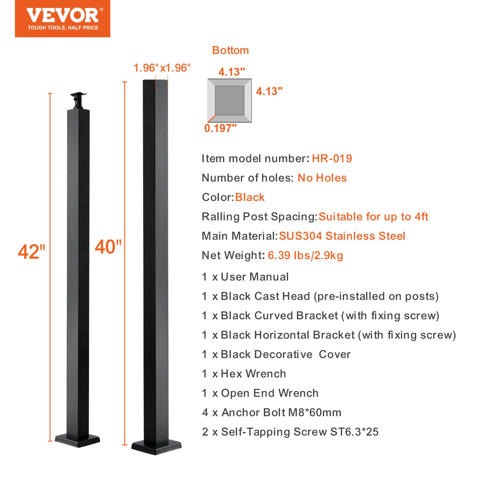 VEVOR cable railing post, 106.7x4.97x4.97cm, flat steel deck railing post without holes, SUS304 stainless steel cable railing post, stair handrail post with horizontal and curved bracket