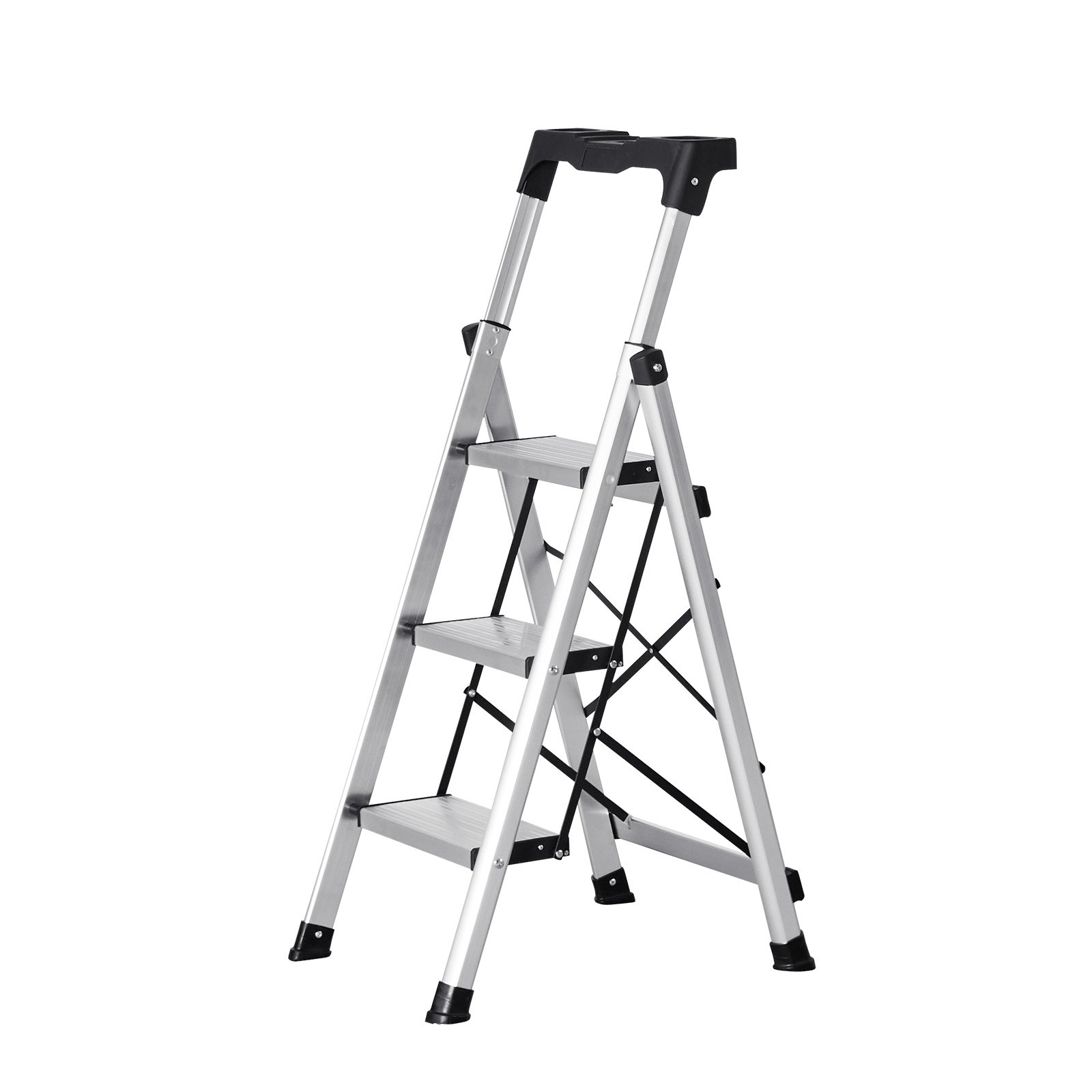 VEVOR Scaletta Pieghevole Salvaspazio con 3 Gradini con Ampio Pedale Antiscivolo e Impugnatura Comoda, Scala a Pioli Portatile in Alluminio con Capacità di 150 kg, Multiuso per Cucina, Casa