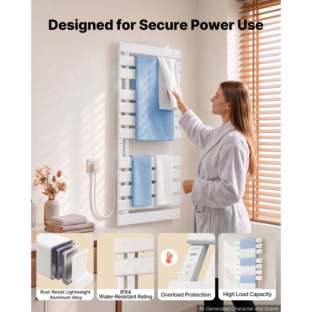 VEVOR Scaldasalviette Elettrico a Parete 12 Barre Regolabile da 0 a 55 °C, per Bagno, in Lega di Alluminio, con Protezione Anti Surriscaldamento Touch Screen e Timer da 1 a 24 Ore, Impermeabile IPX4