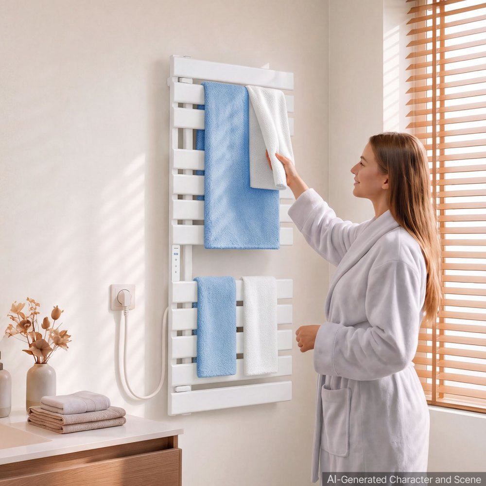 VEVOR Scaldasalviette Elettrico a Parete 12 Barre Regolabile da 0 a 55 °C, per Bagno, in Lega di Alluminio, con Protezione Anti Surriscaldamento Touch Screen e Timer da 1 a 24 Ore, Impermeabile IPX4