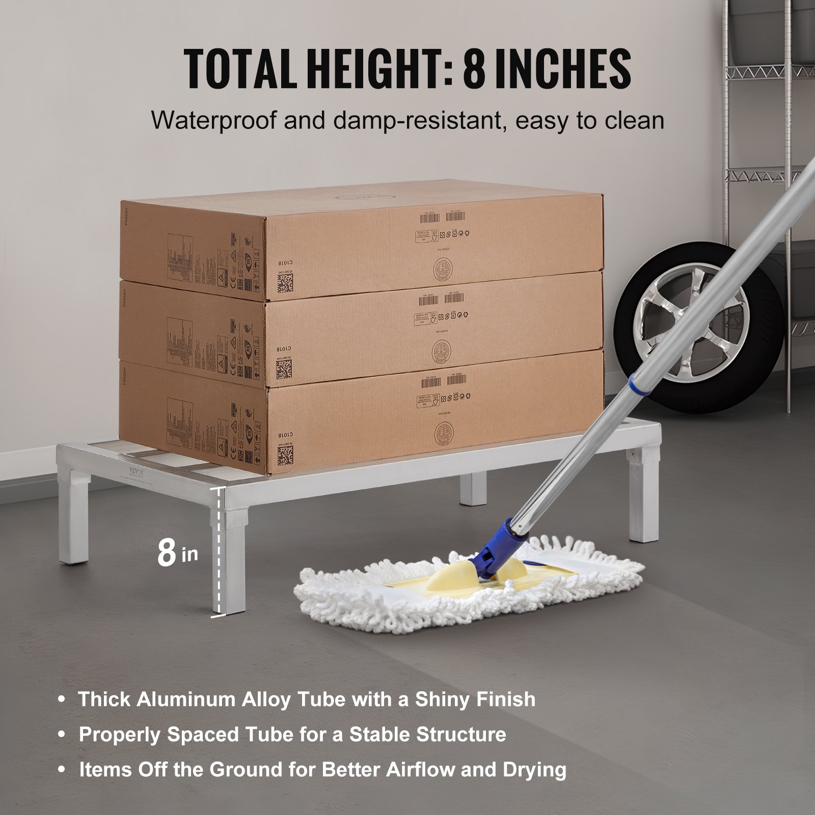 VEVOR Aluminum Storage Rack, 36 x 20 inch Commercial Floor Shelf for Food, 8 inches above ground, 1800 lbs load capacity, fully welded aluminum storage rack, for storage in restaurants, kitchens, garages and vehicles