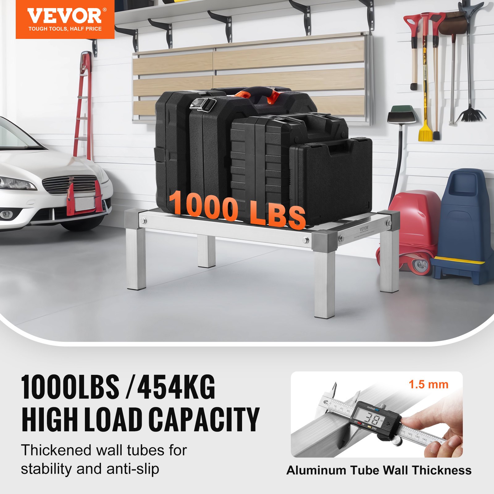 VEVOR Aluminum Storage Rack, 24 x 14 inch Commercial Floor Shelf for Food, 8 inches above ground, 1000 lbs load capacity, fully welded aluminum storage rack, for storage in restaurants, kitchens, garages and vehicles