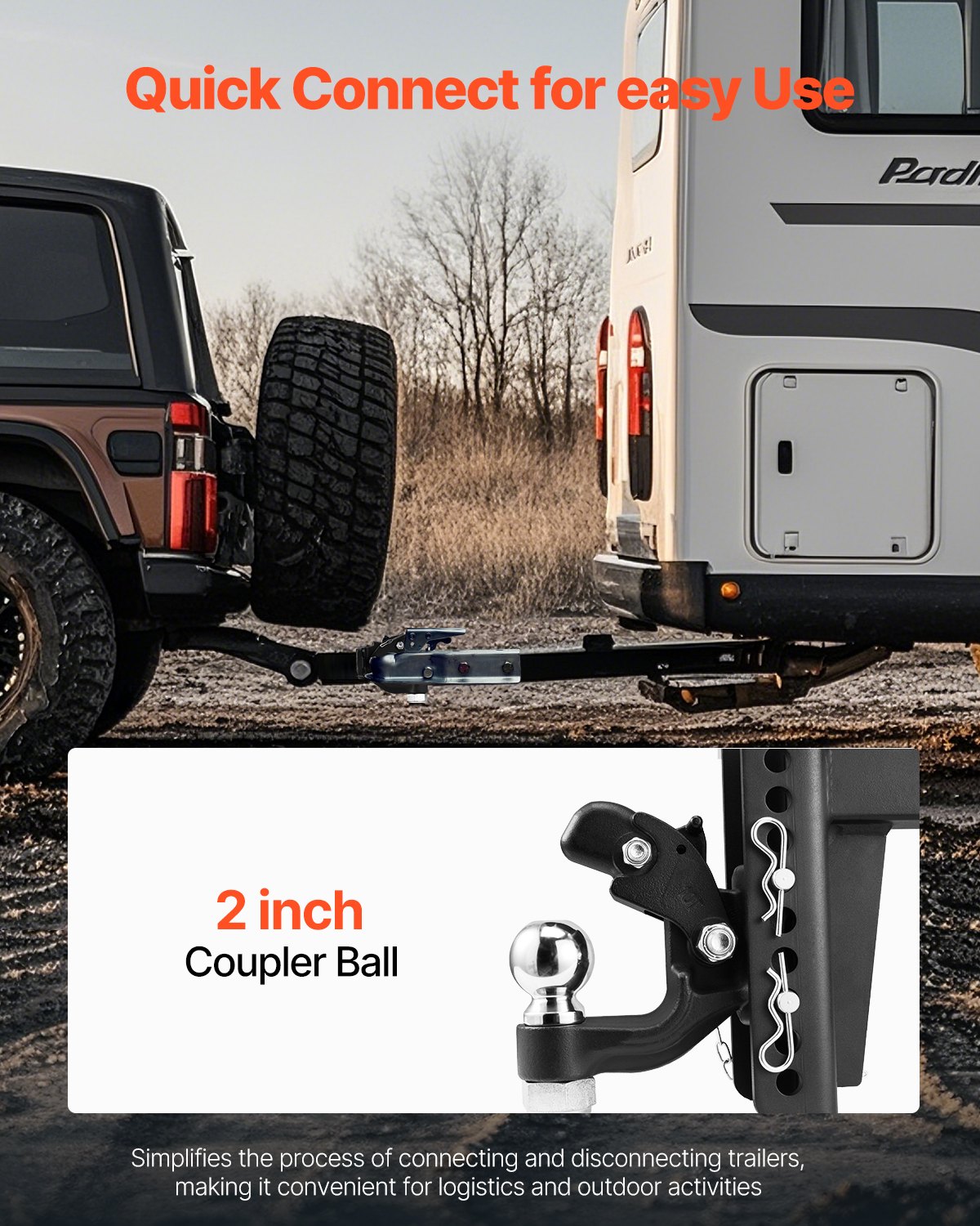 VEVOR 9T towbar, for 50.8 mm tow hook, military receiver, combination 2-5/16 inch tow ball, fits 63.5-76.2 mm bezel ring, black powder coating