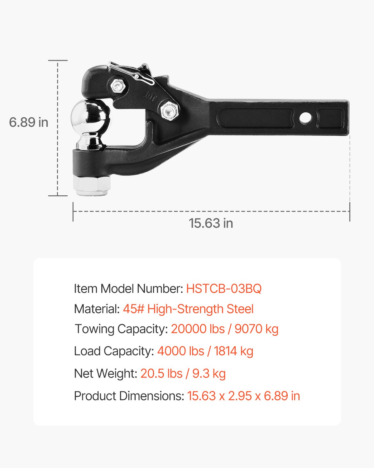 VEVOR Gancio a Perno, 9070 kg, Gancio a Perno da 5,08/6,35 cm, Ricevitore, Sfera di Attacco Combinata 5,87 cm, Adatta per Anello Lunetta, Lunghezza 39,6 cm, Rivestimento a Polvere, Nera