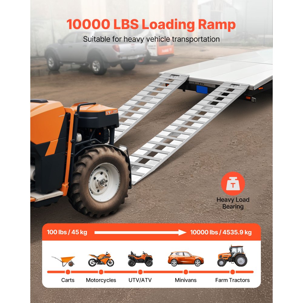 VEVOR Rampe di Caricamento per Veicoli 2 Pezzi da 2745 x 380 mm, in Alluminio Resistente con Piastre Antiscivolo, Capacità Combinata di 4535,9 kg, per Carrelli, Trattori Agricoli, ATV, Tosaerba
