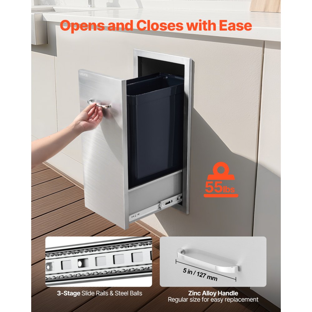 VEVOR Cassetto per Rifiuti da Cucina per Esterni, 320 x 500 x 615 mm, Spazio di Archiviazione Interno, Cassetti Multiuso da Esterni in Acciaio Inox, Capacità 25 kg per Ripiano, per Isola Barbecue