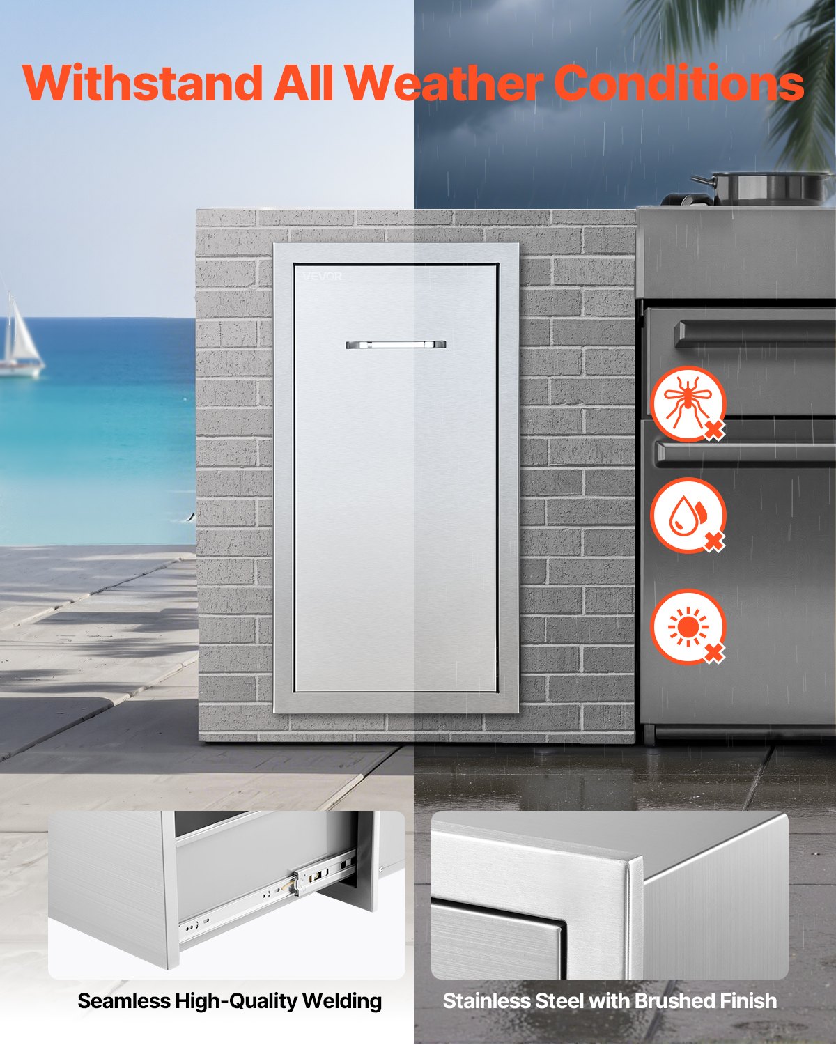 VEVOR Cassetto per Rifiuti da Cucina per Esterni, 320 x 500 x 615 mm, Spazio di Archiviazione Interno, Cassetti Multiuso da Esterni in Acciaio Inox, Capacità 25 kg per Ripiano, per Isola Barbecue