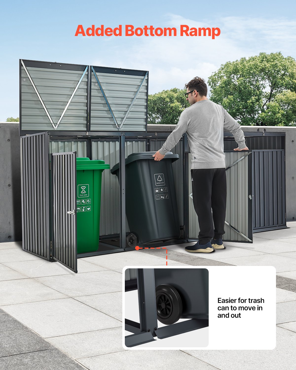 VEVOR Contenitore per Rifiuti da 4 x 240 L Contenitore per Bidoni della Spazzatura con Serratura, Armadio Orizzontale in Acciaio Zincato Impermeabile, per Uso in Giardino e Cortile