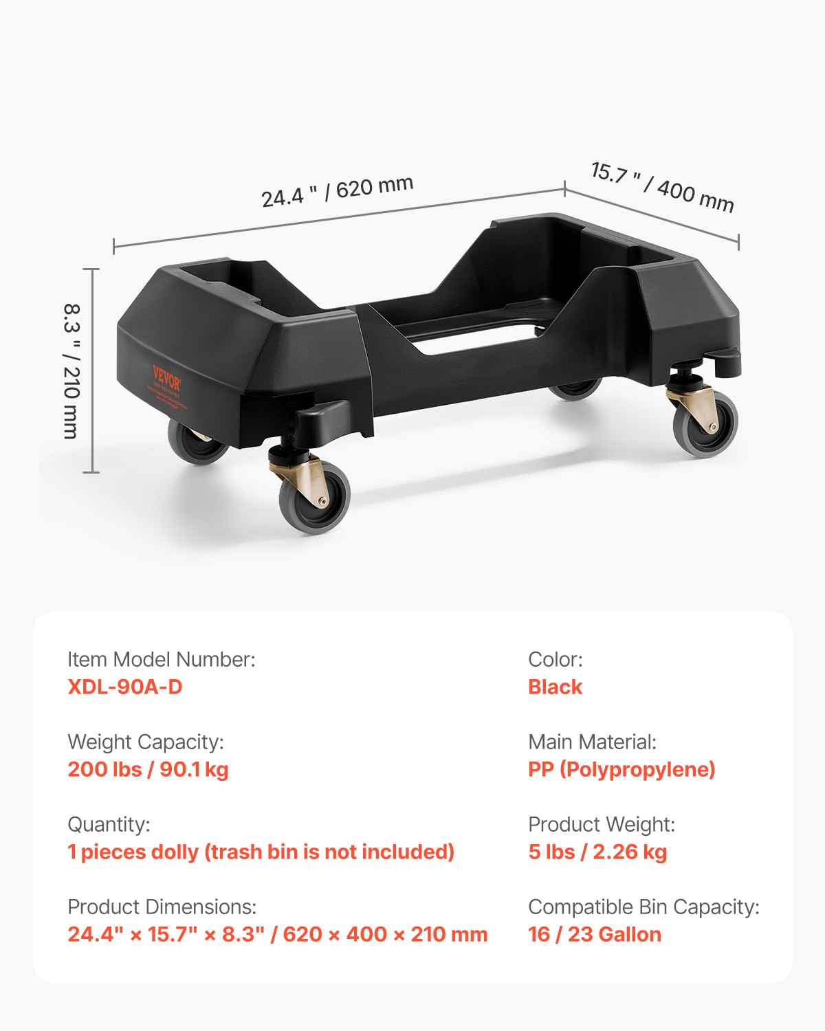 VEVOR Carrello per Bidoni della Spazzatura, con 4 Ruote Bloccabili, Capacità di Peso di 90,1 kg, Base a Rulli Rotonda, Carrello per Barili per Impieghi Gravosi in Plastica 455 x 155 mm Nero