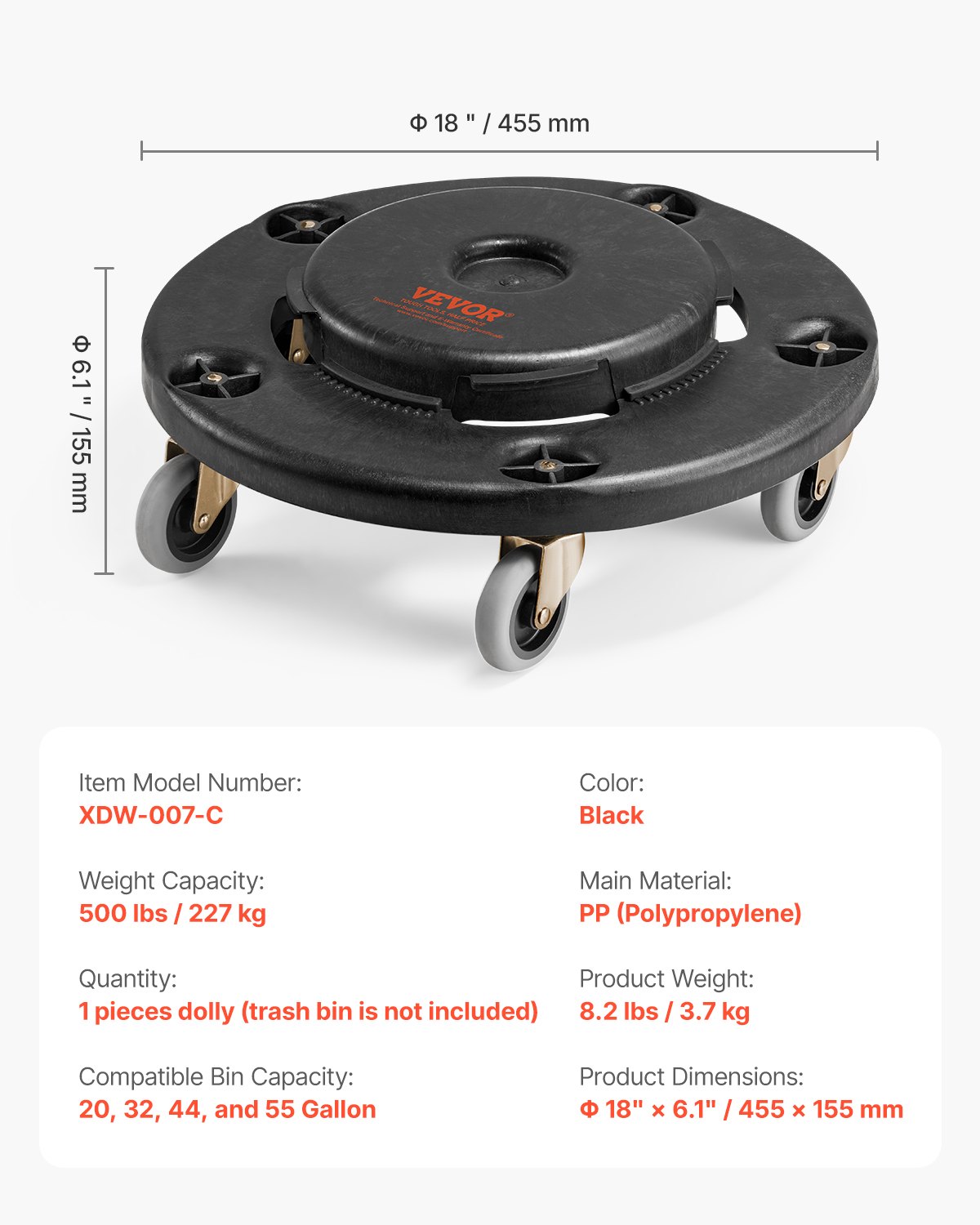 VEVOR Carrello per Bidoni della Spazzatura, con 4 Ruote Bloccabili, Capacità di Peso di 227 kg, Base a Rulli Rotonda, Carrello per Barili per Impieghi Gravosi 455 x 155 mm Colore Nero